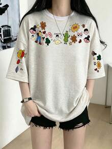 New Summer Gen Z Y2K Style Girls Fun Cartoon Sleeve Print Crew Neck Short Sleeve T-Shirt Casual Vacation - Light Gray - View 6