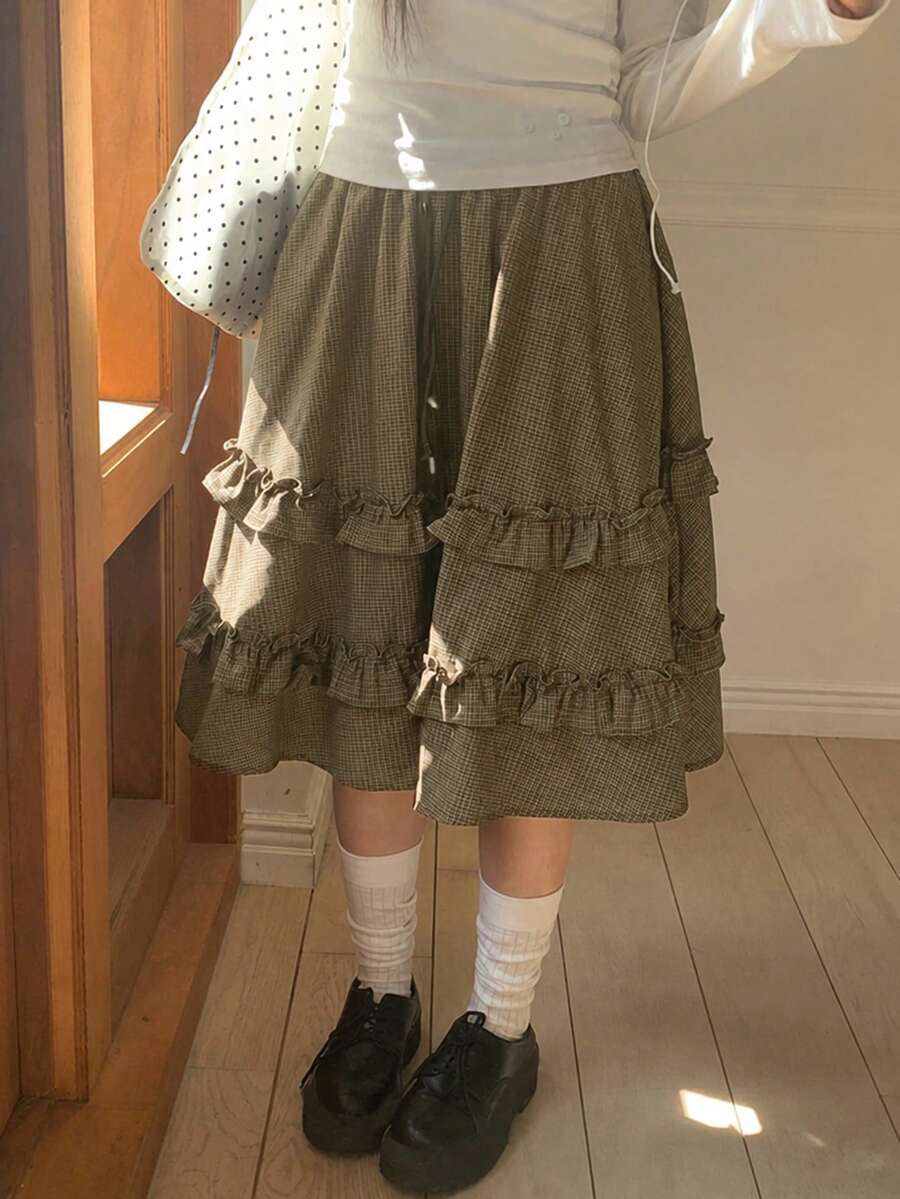 夏季蛋糕裙女款日系校園風小黑裙 荷葉邊收腰繫帶彈性腰裙 - 卡其色 - 查看 1