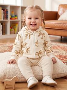 Baby Girl Autumn Thin Bow All-Over Print Ribbed Long Sleeve Apricot Hooded Jacket Children's Zipper Pocket Casual Fashion Cardigan Spring Top - Apricot - View 1
