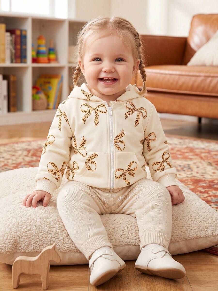Baby Girl Autumn Thin Bow All-Over Print Ribbed Long Sleeve Apricot Hooded Jacket Children's Zipper Pocket Casual Fashion Cardigan Spring Top - Apricot - View 1