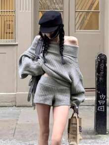 2pcs/Set Women's Off-Shoulder Pullover Loose Slouchy Long Sleeve Korean Sweater & High Waist Straight Leg Shorts, Autumn/Winter - Grey - View 1