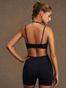 VVX Women Halter Neck Sports Bra Removable Pads Adjustable Straps Backless Ribbed Workout Yoga Gym Top Summer - Black - View 6