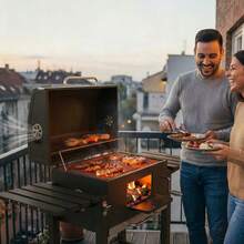 A Wheeled Barbecue Cart-Style Grill, Equipped With A Grill And Thermometer, Suitable For Upright Grilling, Camping, Gardening, And Picnics. Camping, Garden - Barbecue Grill - View 1