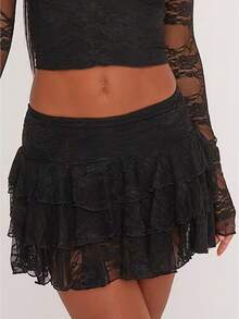 Women's Tiered Lace Mini Skirt Low Waist Sheer Ruffle Hem Y2K Coquette Daily Club Sleepwear Fashion Skirts Spring Summer Fall - Black - View 1