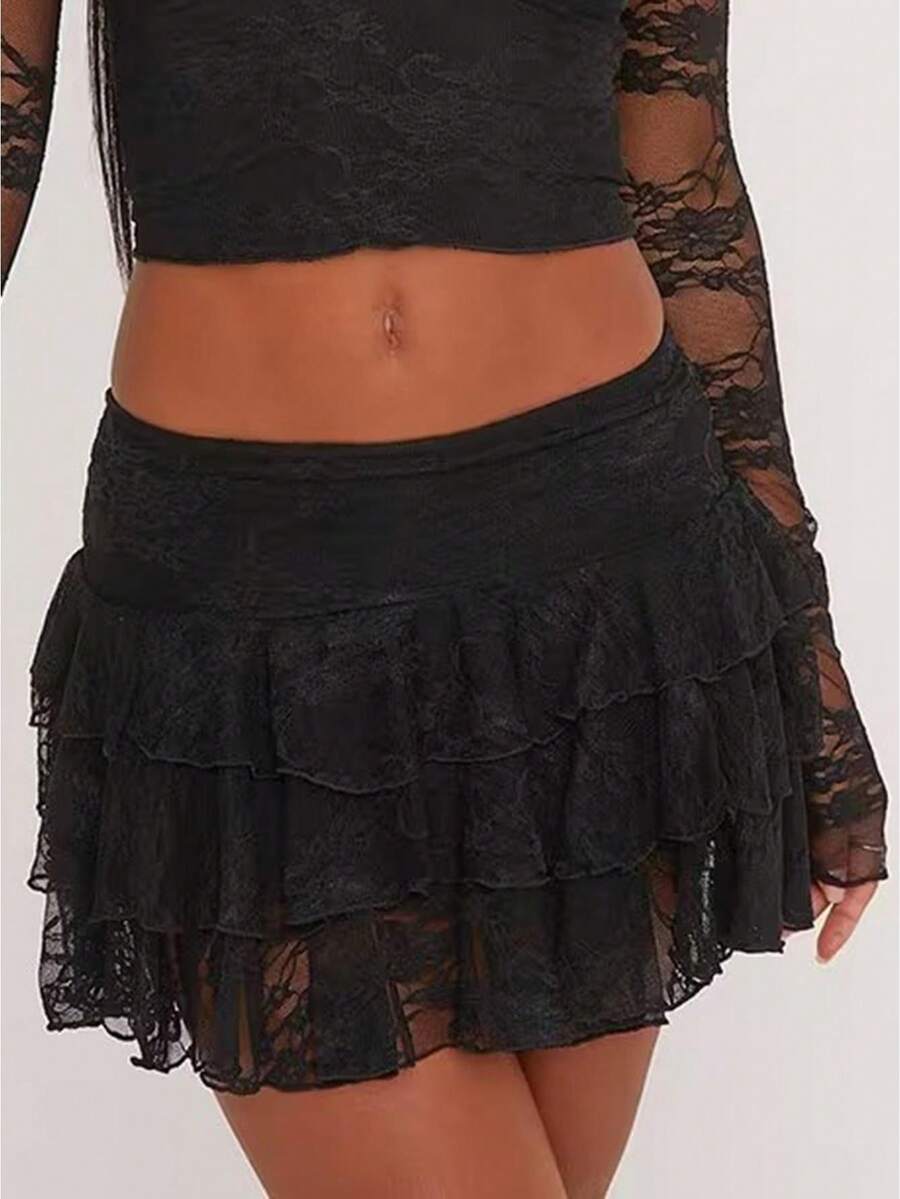 Women's Tiered Lace Mini Skirt Low Waist Sheer Ruffle Hem Y2K Coquette Daily Club Sleepwear Fashion Skirts Spring Summer Fall - Black - View 1