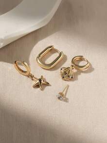 Niche Vacation Style Multi-Layer Stackable Earring Set, Starfish & Shell Pendant Hoop Earrings, Simple Girly Accessories - Yellow Gold - View 3