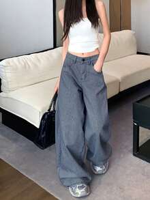 Women's American Retro Striped Fabric Loose Straight Wide Leg Denim Jeans, Blue Long - Blue - View 4