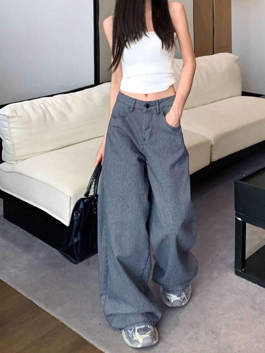 Celana Jeans Denim Wanita Gaya Retro Amerika Bergaris, Potongan Longgar, Lurus, dan Lebar, Warna Biru Panjang