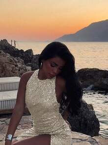 Women's Sequin Slit Design Sexy Cocktail Party Dress - Champagne - View 5