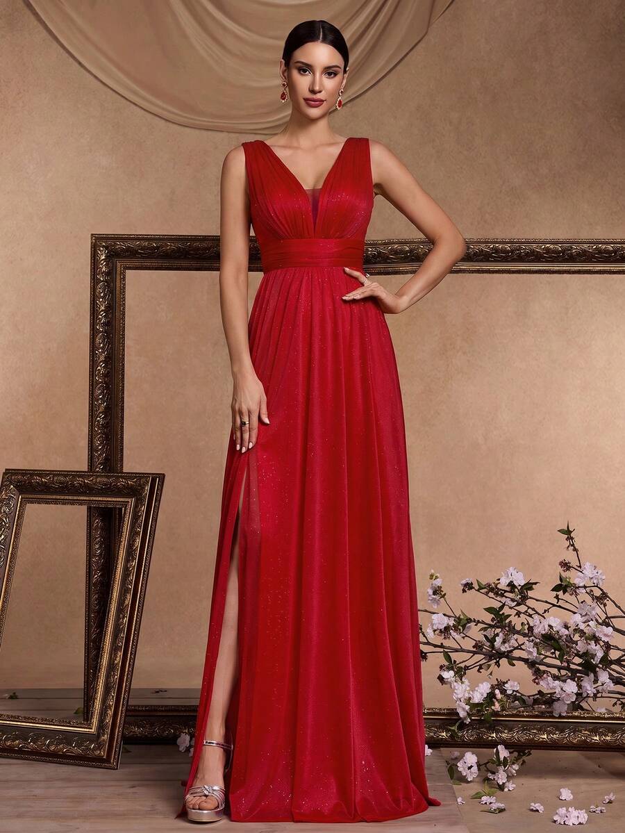 BluePlum Gaun Malam Musim Panas Berkualitas Tinggi Elegan Tanpa Lengan Leher V Dalam Desain Lipit 3D Potongan A-Line Belahan Tinggi Siluet Pas Badan Merah Pesta Pernikahan Musim Gugur - Merah - View 1