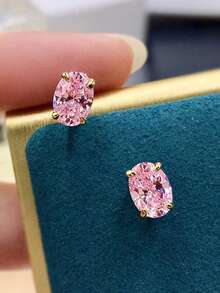 1 Pair Romantic Cubic Zirconia Stud Earrings For Women, Wedding Engagement Party Jewelry, Valentine's Day Gift - Gold + Pink - View 4