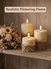 Vintage Rope Style 3pcs/Set LED Flameless Electronic Pillar Candles, Remote Control, Timer, Battery Operated, Suitable For Wedding, Halloween, Garden Decor, Party, Home Decor, Table Decor, Christmas Decoration For Holiday Party - White - View 1
