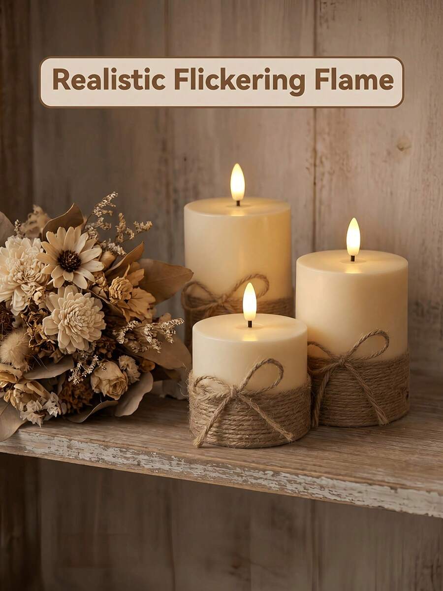Vintage Rope Style 3pcs/Set LED Flameless Electronic Pillar Candles, Remote Control, Timer, Battery Operated, Suitable For Wedding, Halloween, Garden Decor, Party, Home Decor, Table Decor, Christmas Decoration For Holiday Party - White - View 1