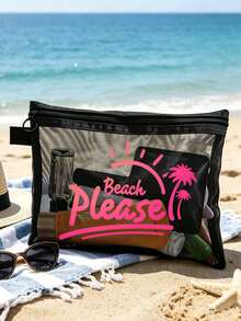 這款海灘網格包印有「Beach_please」字樣與椰子樹圖案，是一款可收納口紅與氣墊粉撲的便攜化妝包，充滿海岸風情。透明大容量旅行化妝收納包，夏威夷風網格化妝包，適合海灘度假、購物、休閒度假、健身，適合作為母親節禮物、情人節禮物、教師節禮物，適合女性旅行、短途旅行與日常通勤。 - 彩色 - 查看 12