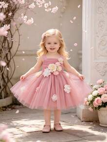 Baby Girls Sleeveless Pink 3D Floral Mesh Cute Flower Girl 1st Birthday Party Puffy Princess Dress, Headband Not Included - Dusty Pink - View 7