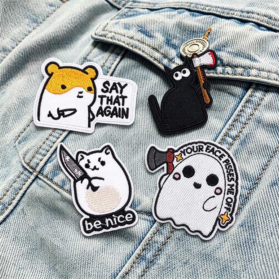 4 Pcs/Set Funny Phrase Iron On Patches, Hamster Ax Cat Embroidered Appliques For Cartoon Animal Jeans Jackets Backpack Streetwear DIY Clothing Decoration - Multicolor - View 1
