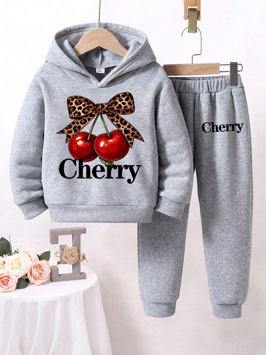 Hoodie dan Celana Olahraga Hangat Motif Ceri untuk Balita - Grey - View 1