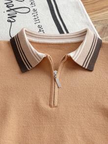 Boys' College Style Colorblock Striped Polo Collar Half-Zip Long Sleeve Sweater Knit Pullover, Casual Versatile For Daily Wear, School, Spring, Autumn, Winter - Brown - View 3