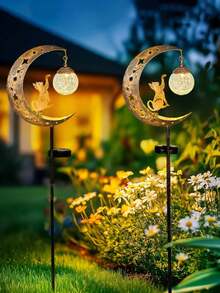 1pc Dog/Cat Shaped Cracked Glass Ball LED Garden Pathway Light, Waterproof Iron Solar Landscape Light, Suitable For Outdoor Yard, Lawn, Patio, Pathway Decoration, Pastoral Vintage Style Atmosphere Lighting - Multicolor - View 7