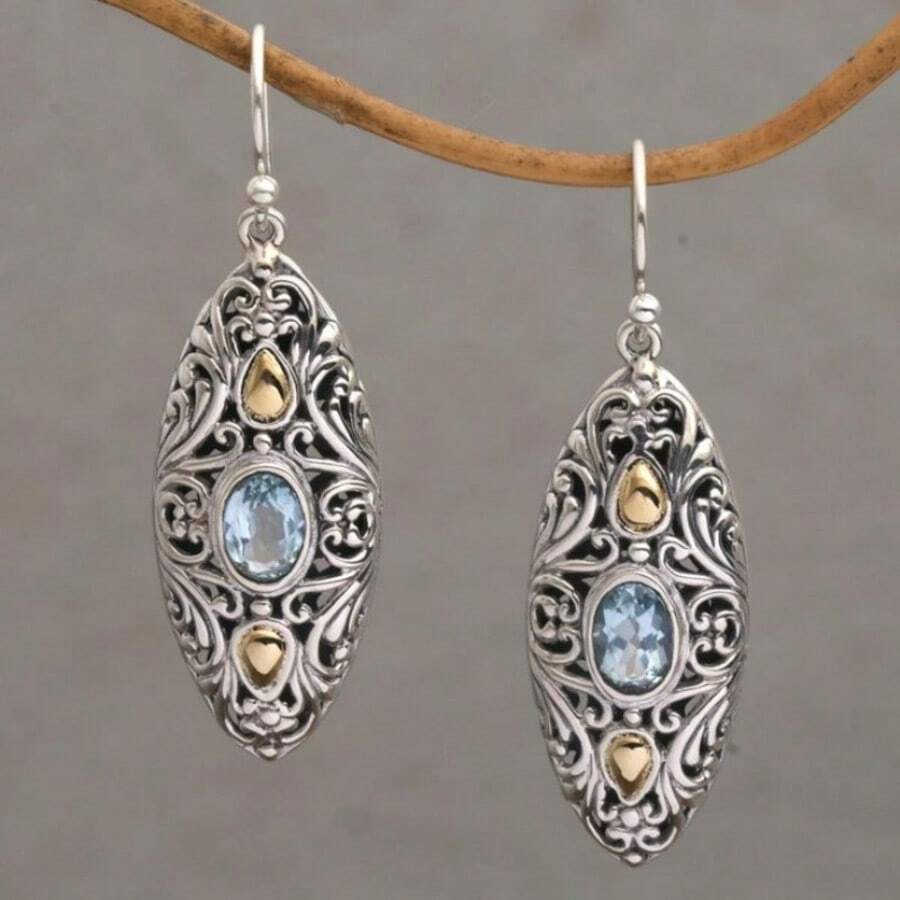 Vintage Long Water Drop Ear Hook Earrings For Women, Inlaid With Synthetic Blue Zirconia, Elegant Elegant, Suitable For Daily, Banquet, Party, Vacation, Exquisite Birthday Holiday Accessory Gift - Silver - View 1