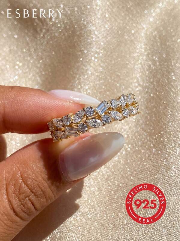 1 Stück S925 Sterling Silber hochglänzender asymmetrischer Doppel-Halbfassung rechteckiger & runder kubischer Zirkonia Ring, Damen Hochzeits-/Verlobungs-/Ewigkeitsring, exquisites Schmuckgeschenk