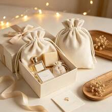 5pcs Drawstring Canvas Storage Gift Bags, Suitable For Earrings, Jewelry, Necklaces, Treasure Storage, Holiday Gift Storage, Party Gift Bags, Wedding Candy Packaging - Beige - View 3