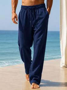 Men’s Navy Linen-Blend Casual Trousers — Lightweight Relaxed-Fit Drawstring Pants for Beachside Comfort, Vacation Style & Summer Lounging - 藏蓝色 - 查看 3