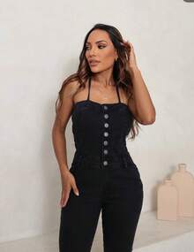 Women's Black Denim Jumpsuit With Button Details, Long Slim-Fit Sleeveless Style With Pockets And Medium Stretch, Perfect For Autumn Looks. - 深灰色 - 查看 2