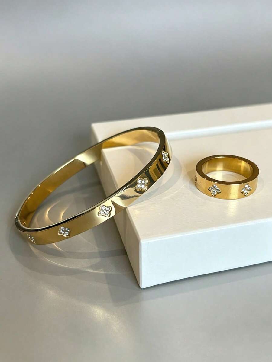 1/2件套不锈钢镀18K金四叶草手链戒指套装，镶嵌水钻，奢华珠宝婚礼配饰