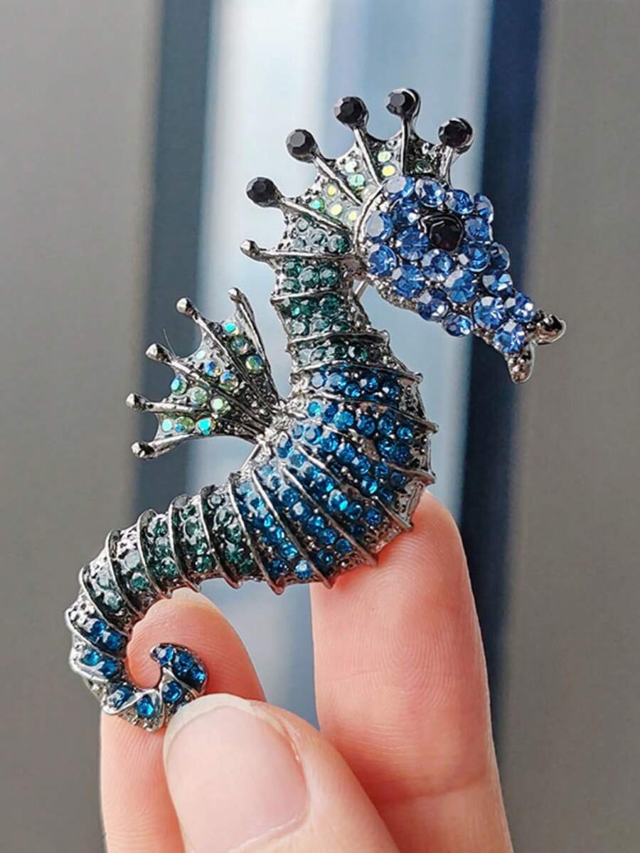 1 pieza Broche de criatura marina de aleación de zinc con strass, textura de alta gama, accesorio para fiesta de vacaciones - Azul - Ver 1