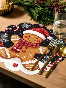 2/4/600pcs Christmas Party Flower-Shaped Placemats - Gingerbread Man With Christmas Hat, Berry Pattern; 13.78 Inch Linen Material; Tabletop Decor Non-Slip, Heat-Resistant And Machine Washable - Multicolor - View 4
