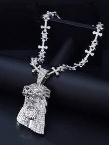 Iced Out Jesus Face Pendant Cross Cuban Chain Necklace, Gold Silver Two Tone Hip Hop Rhinestone Religious Jewelry For Men - Jesus Head Cross Hip Hop Necklace - View 8