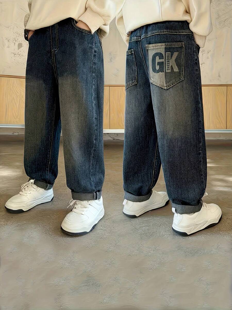 Tween Boy Spring/Autumn Loose Straight Leg Casual Denim Jeans With Pockets - Medium Wash - View 1