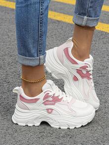 Flipark (Les consommateurs japonais sont recommandés de commander une taille au-dessus) Baskets à semelle épaisse pour femmes, baskets Épais à la mode, chaussures décontractées augmentant la taille, baskets blanches en maille, chaussures de trajet quotidien, chaussures d'étudiant, chaussures de marche - Rose bonbon - Voir 4