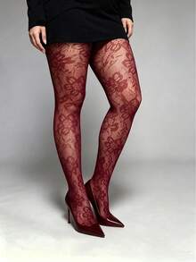 1 Pair Plus Size Burgundy Floral Lace Fishnet High Elasticity Pantyhose, Sexy Fashion Cute Style, Suitable For Daily Wear, Dating, Spring/Autumn Commuting - Multicolor - View 8