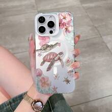 HANCAI 1pc Magnetic Pink Watercolor Turtle Shell Floral Full Coverage Shockproof Phone Case, Gentle Seaside Girl Healing Ins Niche MagSafe Protective Cover, Compatible With IPhone17/17Pro/17ProMax/16/11/16Plus/16ProMax/16e/15ProMax/13/14/12/14ProMax/12ProMax/13ProMax/12Pro/13Pro/14Pro - White Frame, Matte White (with Magnetic Closure) - View 1