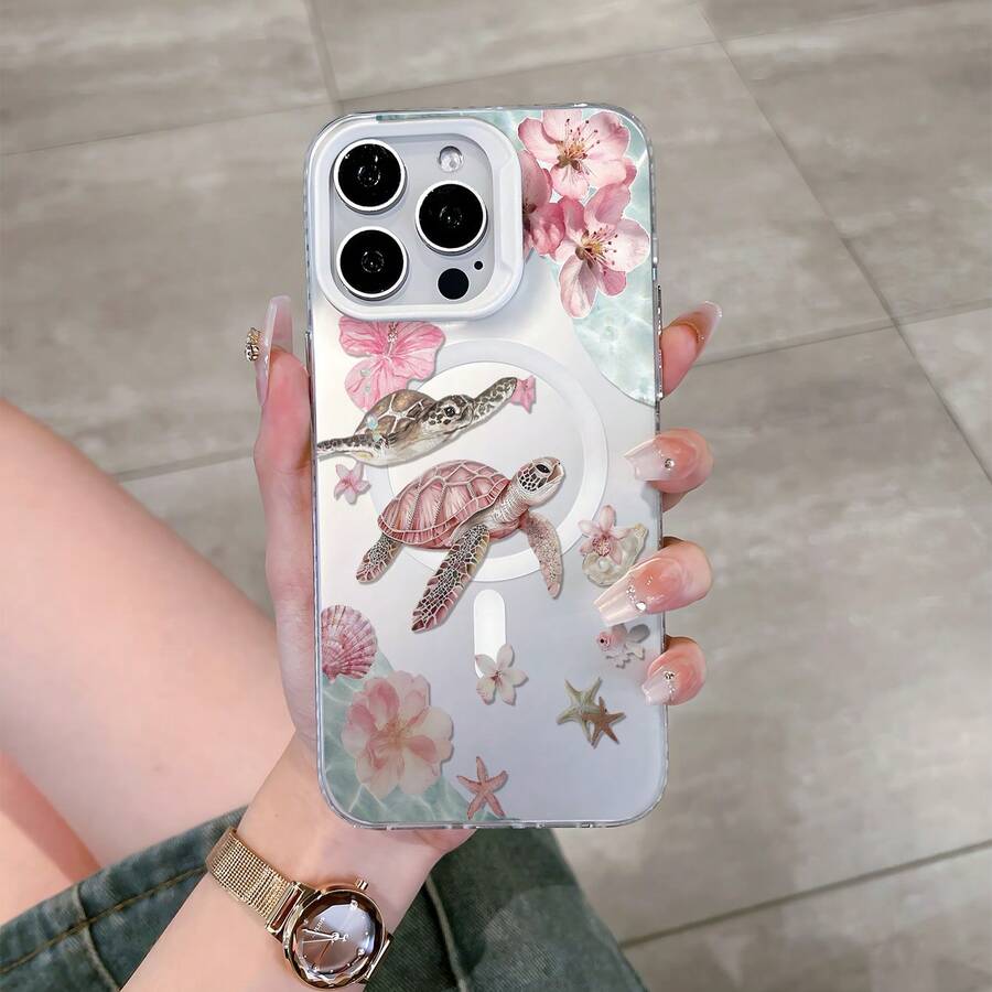 HANCAI 1pc Magnetic Pink Watercolor Turtle Shell Floral Full Coverage Shockproof Phone Case, Gentle Seaside Girl Healing Ins Niche MagSafe Protective Cover, Compatible With IPhone17/17Pro/17ProMax/16/11/16Plus/16ProMax/16e/15ProMax/13/14/12/14ProMax/12ProMax/13ProMax/12Pro/13Pro/14Pro - White Frame, Matte White (with Magnetic Closure) - View 1
