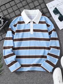 1pc Girls' Preppy Striped Knit Top, Spring/Autumn Contrast Color Lapel Button Half-Placket Long Sleeve - Multicolor - View 2