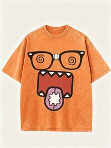 Epic Funny Dizzy Monster Print Washed Cotton T-Shirt, 220g Vintage Streetwear Loose Short Sleeve Tee, Aesthetic Casual Summer Top - 橘色 - 查看 14