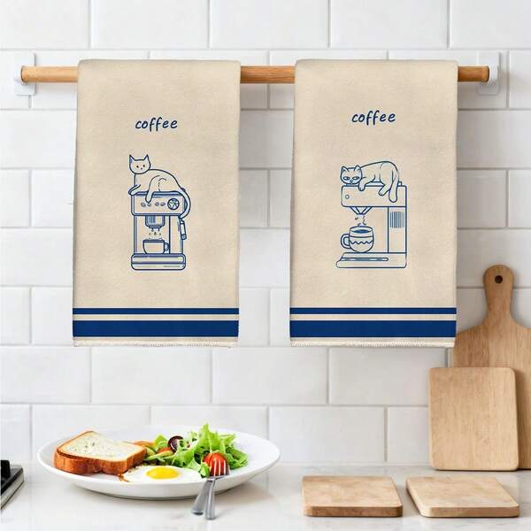 2pcs Minimalist Hand-Drawn Line Cat Coffee Machine Kitchen Towels, 40*60cm Soft Microfiber Material Tea Towels, Suitable For Home Kitchen Restaurant Outdoor Camping Tabletop Cleaning Dish Cloth Hand Towel Accessories Holiday Gift