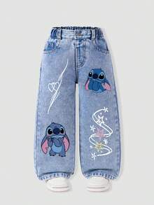 Di  Sney Stitch Girls Denim Soft Washed Blue High Elastic Waist Faux Buttons Straight Leg Flattering Casual Fit For School Daily Weekends Holidays - 淺藍 - View 1