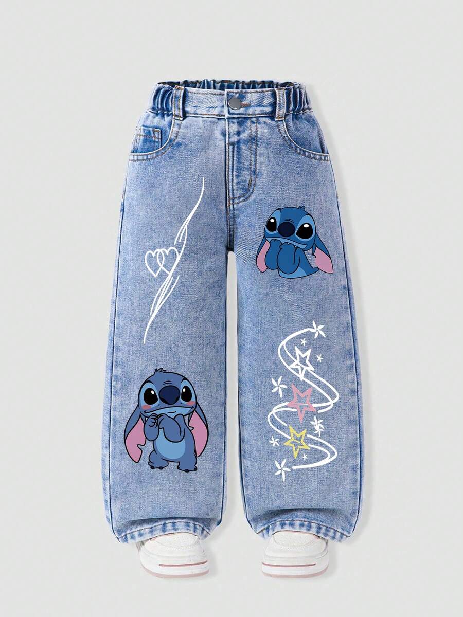 Di Sney Stitch Girls Denim Soft Washed Blue High Elastic Waist Faux Buttons Straight Leg Flattering Casual Fit For School Daily Weekends Holidays - 淺藍 - View 1