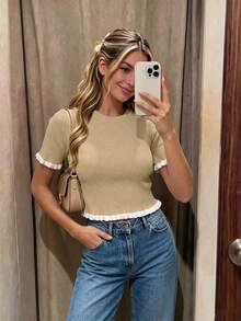 Women's Elegant Holiday/Graduation Knit Top, Casual Short Sleeve Cream Yellow Ruffle Hem Knit Pullover Sweater, Summer - Khaki - View 11