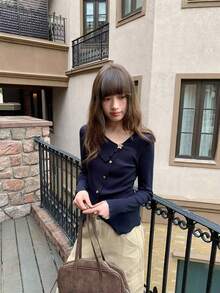 Asymmetrical V-Neck Knit Sweater, Slim Fit Pullover Top For Spring - Royal Blue - View 2