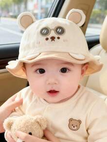 1 buah Topi Bayi Bergambar Beruang Lucu dengan Kacamata, Topi Ember Tipis Pelindung Matahari Musim Semi/Musim Gugur untuk Bayi Perempuan, Topi Ember Balita yang Dapat Diatur Ukurannya - MultiWarna - View 3