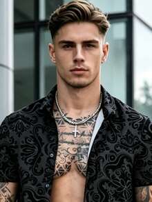 1 Set Men's Sports Casual Outfit, All-Over Print Summer Lapel Shirt And 5-Point Shorts, Streetwear Style - Black - View 4