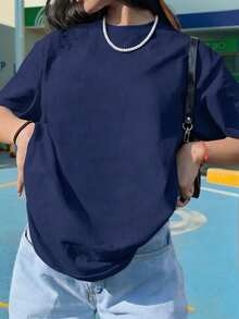 Camiseta de manga corta estampada para mujer a la moda, ropa ligera de verano, ropa cómoda para el hogar, adecuada para deportes y actividades al aire libre - Azul Marino - Ver 2