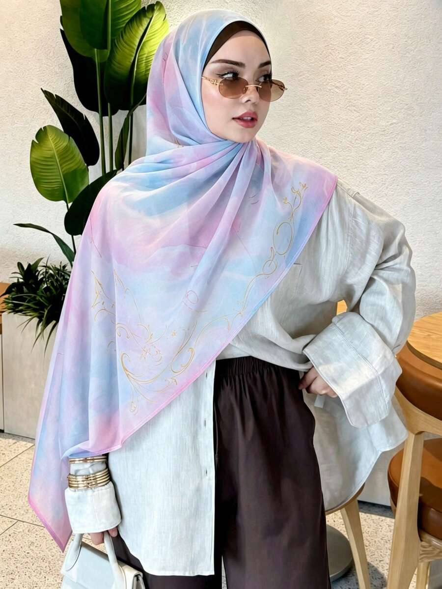 1件女款夢幻雲海印花希賈布,粉藍色寬邊波希米亞風,適合日常穿著 - 彩色 - 查看 1