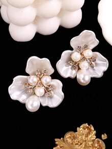 1 par de pendientes elegantes, lujosos, exquisitos y de moda con flores y perlas para mujer, adecuados para vacaciones, fiestas, playa, uso diario casual, accesorio versátil - Multicolor - Ver 2