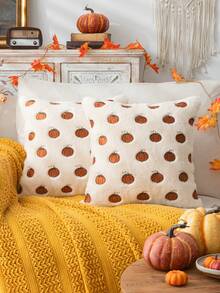 Homemorelove 1/2pcs PV Velvet Small Pumpkin Embroidered Pillow Case, Autumn Decor, Thanksgiving, Halloween Atmosphere Home Decoration Throw Pillow, Suitable For Living Room, Bedroom, Sofa, Pillow Insert Not Included - Off-white Rabbit Fur Dark Brown - View 11
